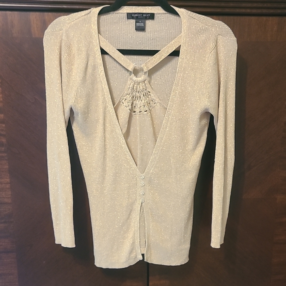 Shimmering Gold Cardigan with Lace Accent